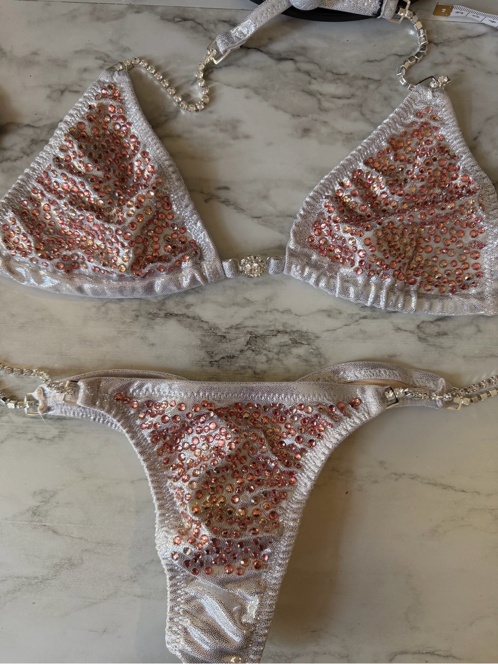 Bodybuilding Bikini- Metallic White with Rose-Pink Rhinestones -